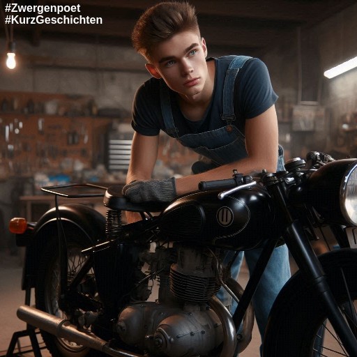 Ein junger Mann in blauer Latzhose steht in einer Garage und repariert ein altes Motorrad.